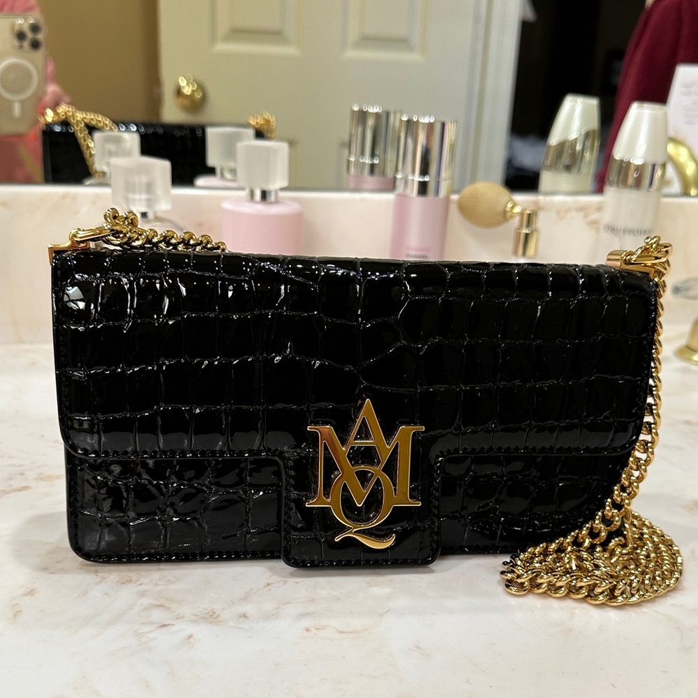 Alexander McQueen Black Croc-Embossed Bag with Gold Chain